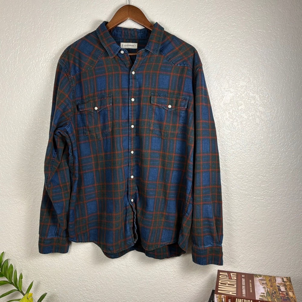 Lucky Brand Plaid Western Shirt Mens XL Blue Red Plaid Excellent Pearl Snap